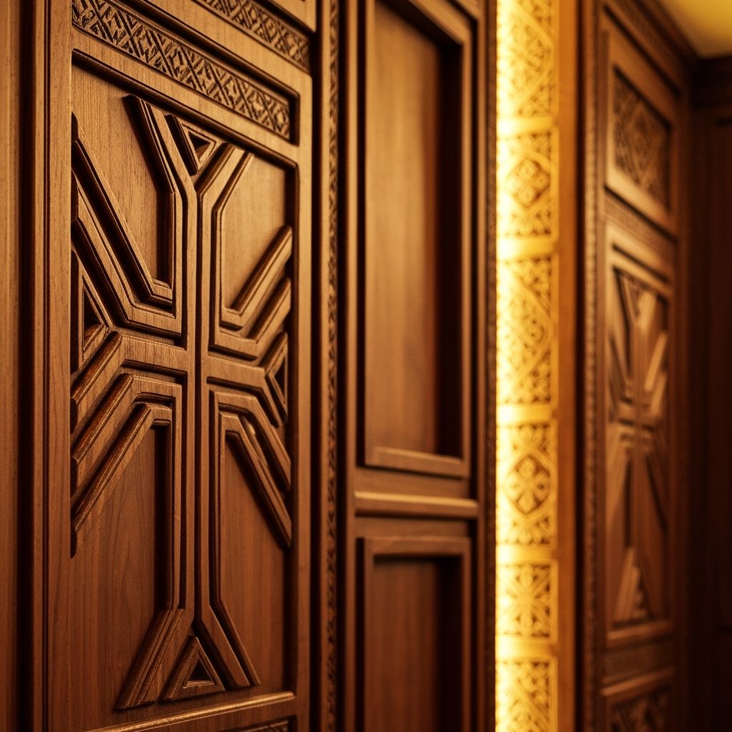 Hand-carved Meskel-inspired woodwork detail in Michot restaurant